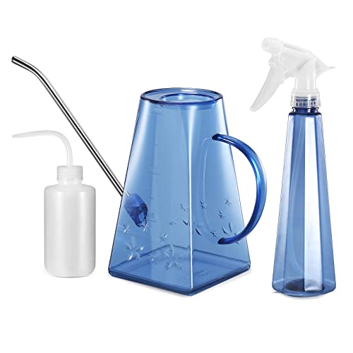 Goowin Watering Can Indoor Plants, 47 oz Long Spout House Plant Flower Watering Can, Creative Wide Opening Plastic Watering Can with 16 oz Spray Bottle & 8.5 oz Squeeze Bottle, Blue - color: Blue