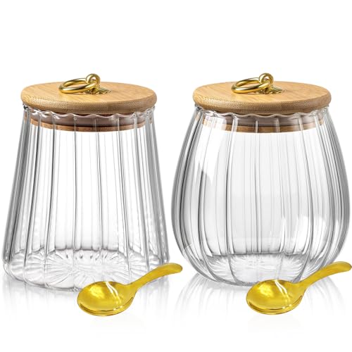 Viovian 22 & 25 FL OZ | Glass Storage Jars with Bamboo Lids Sugar Coffee Containers Set of 2 Clear Decorative Jar Canister for Foods Cookie Candy Nuts Snacks - color: Oval(25oz) &Taper(22oz)