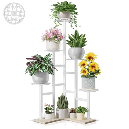 6 Tier Wood Metal Tall White Indoor Plant Stand for Multiple Plants - color: WhiteWave7
