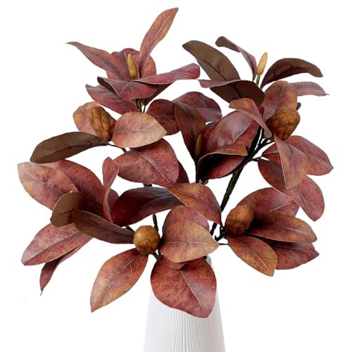 Pack of 4 - Faux Magnolia 32 Inch Long Artificial Magnolia Leaves Branches Fall Greenery 3D Plastic Printing Houseplant Plant for Indoor Outdoor Home Wedding Centerpiece Decor (Brown - Pack of 4) - color: Brown - Pack of 4