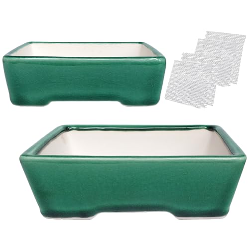 Set of 2 Zisha White Clay Bonsai Pot Glazed Shallow Succulent Planter Green - color: Green