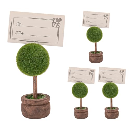 4-Pieces Topiary Place Card Holders, Artificial Plant Memo Clips - Wedding Seating Card Holders, Table Number Stands, Business Card Displays - color: Round