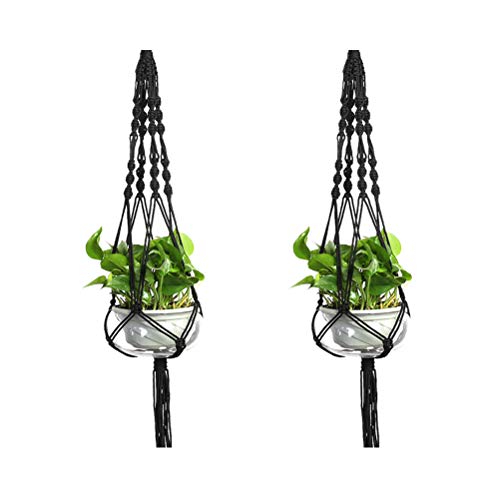 Set of 2 Macrame Plant Hanger Nylon Rope Wall Hanging Planter Basket for Indoor Outdoor Flower Pot Plant Holder Wall Art Vintage-Inspired Home Decor, with Metal Ring 4 Legs 39 inch (Black) - color: Black