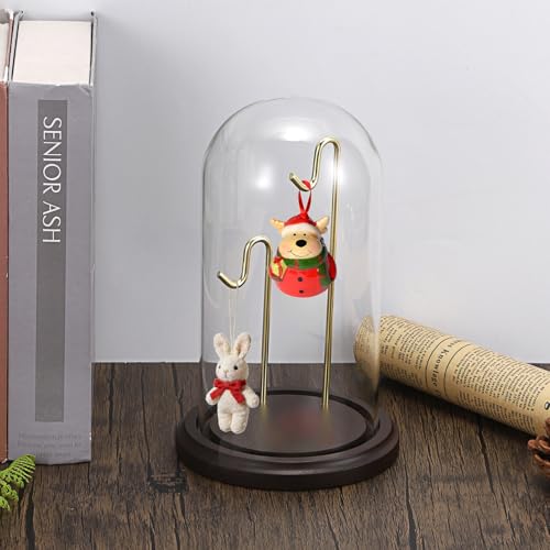 JUXYES Clear Glass Pocket Watch Display Dome Case with Base, 4x8 Inches | Clear Glass, Dust Proof, Bell Terrarium Jar with 2 Golden Hanging Hook, For Pocket Watch Collectors and Antique Enthusiasts - color: Gold/Dark Red