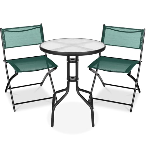 Best Choice Products 3-Piece Patio Bistro Dining Furniture Set w/Textured Glass Tabletop, 2 Steel Folding Chairs, Polyester Fabric - Dark Green - color: Dark Green