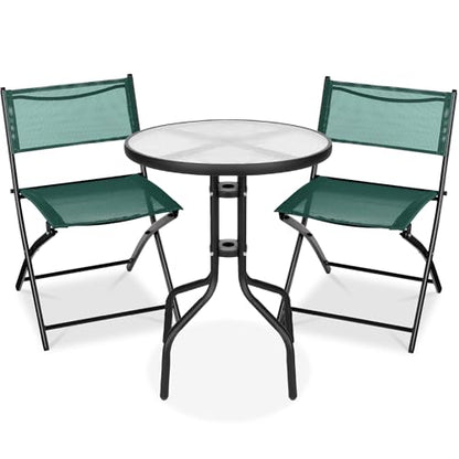 Best Choice Products 3-Piece Patio Bistro Dining Furniture Set w/Textured Glass Tabletop, 2 Steel Folding Chairs, Polyester Fabric - Dark Green - color: Dark Green