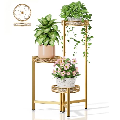 3 Tiered Gold Plant Stand Indoor Outdoor, Corner Tall Plant Shelf for Multiple Plants, Foldable Heavy Duty Plant Holder, Decoration Flower Pot Stand for Patio Balcony - GoldFlower - color: GoldFlower, size: 3-tiers