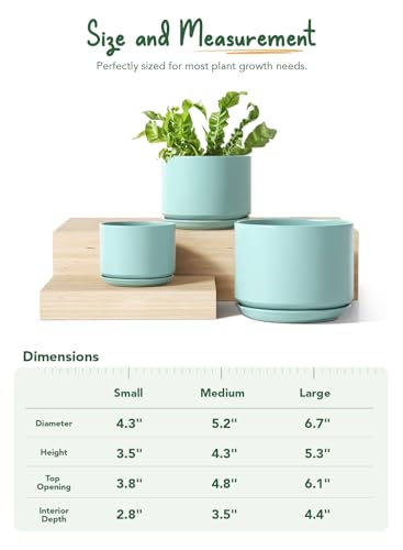LE TAUCI Ceramic Plant Pots, 4.3+5.3+6.8 inch, Set of 3, Planters with Drainage Hole and Saucer, Indoor Flower Pot with Hole Mesh Pad, Gifts for Mom, Aqua - color: Aqua