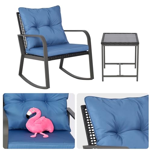 Bistro 3 Piece Patio Furniture Set, Patio Table and Rattan Outdoor Rocking Chairs Set of 2, Outdoor Bistro Conversation Set for Garden, Balcony, Poolside, Backyard, Blue - color: Blue