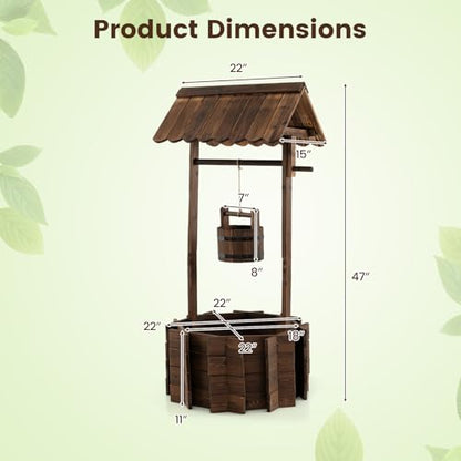 Giantex Wooden Wishing Well Planter with Hanging Bucket, Carbonized Fir Wood Outdoor Garden Planter for Flowers, Rustic Decorative Flower Pot for Yard Patio Deck Home Decor