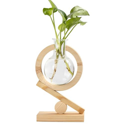 Glass Plant Propagation Station with Wooden Stand, Natural Wood - color: Natural Wood