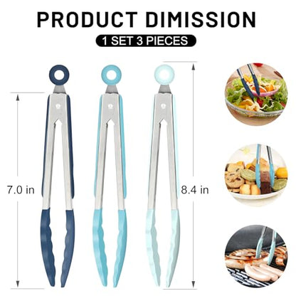 Hotec Mini Silicone Kitchen Tongs for Cooking - 7-Inch Small Serving Tongs with Silicone Tips, Set of 3 (Blue) - color: Gradient Blue