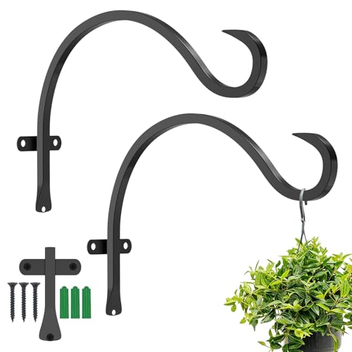 GameXcel 12 Inch Heavy Duty Plant Hanger Bracket (2 Pack) - 44 lbs Black Iron Wall Hooks for Hanging Outdoor Indoor Plants, Bird Feeders, Lanterns, Wind Chimes, Flower Baskets with Mounting Hardware - size: 2 Pieces