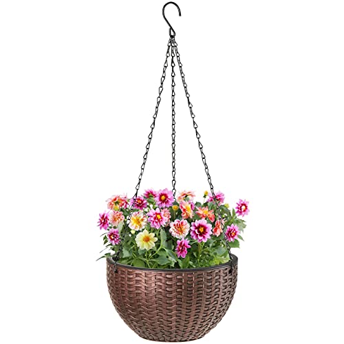 Foraineam 10.2 Inches Round Basket Hanging Planter Dual-pots Design Garden Flower Plant Pots Hanging Planter Baskets with Drainer and Chain for Indoor Outdoor Use