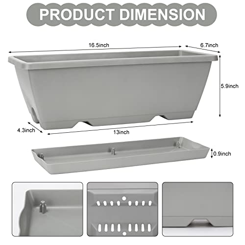 Window Box Planter, 6 Pcs 17" Flower Rectangle Planters Boxes, Light Gray | with Garden Tool Kit, Labels, Drainage Holes/Trays, Vegetable Planters for Windowsill, Patio, Garden, Balcony - color: Light Gray