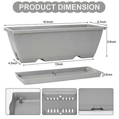 Window Box Planter, 6 Pcs 17" Flower Rectangle Planters Boxes, Light Gray | with Garden Tool Kit, Labels, Drainage Holes/Trays, Vegetable Planters for Windowsill, Patio, Garden, Balcony - color: Light Gray