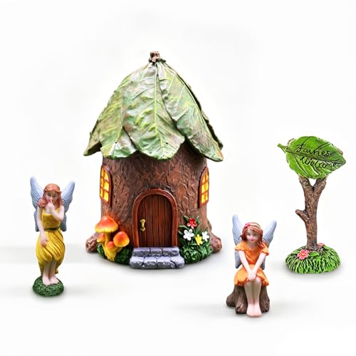 Miniature Fairy Garden Leaf Roof House Kit with 2 Fairies & Welcome Sign | Fairy Garden Accessories Outdoor, Green Leaf Roof Cottage, Resin Fairy Decor Supplies for Mini Village Garden - color: Green Leaf House With 2 Fairies & Welcome Sign