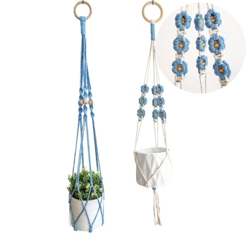 Set of 2 Macrame plant hanger with Daisies & Beads | Hanging plant holder Macrame Plant hangers outdoor and indoor hanging planters Plant stand indoor Boho Decor hanging planter stand (Cloudy Day) - color: Cloudy Day