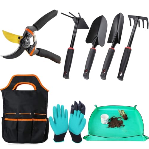 Premium 8-Piece Garden Tools Set – Heavy Duty Carbon Steel with Rust-Proof Coating, Ergonomic Handles, SK-5 Pruning Shears, Waterproof Repotting Mat & Storage Tote Bag – Ideal Gift for Gardeners