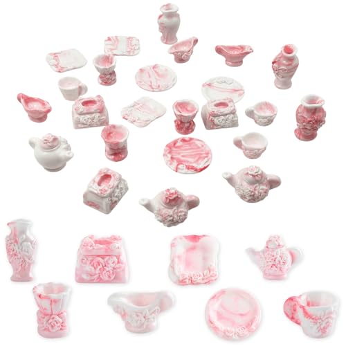 24PCS Mini Pink Tea Set Resin Figurines, Tiny Rose Relief Texture Vase Decor, Tea Set & Vase Ornaments for Desktop Fairy Garden Micro Landscape Bonsai Dollhouse Home Office Outdoor Decoration Gifts - color: 8 Styles Pink Tea Set