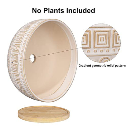 G EPGardening 8 Inch Ceramic Succulent Planter Pots for Indoor Plants Round Shallow Bonsai Planter Pot with Drainage and Bamboo Saucer White - color: White