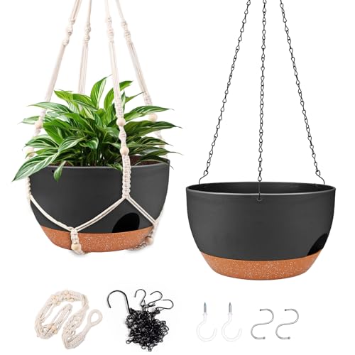 12 Inch Hanging Basket Planter with Chain & Rope for Indoor Outdoor Plants | 2 Pack Self Watering Hanging Planter with Reservoir, Drainage Holes - color: 2 Type Plant Hangers Black, size: 12 Inch