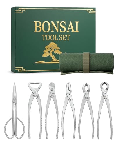 6-Piece Bonsai Tools Set with Tool Roll Bag and Luxury Gift Box | Heavy Duty Bonsai Tree Kit, Include Concave Cutter, Knob Cutter, Trunk Splitter, Bonsai Scissors, Wire Cutter, Jin Pliers