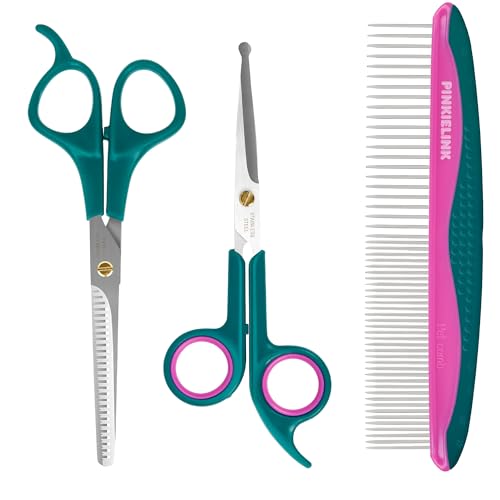 Professional Pet Grooming Kit, Stainless Steel Dog & Cat Grooming Shears with Rounded Tip Blades for Safe Fur Trimming, Thinning Shears, Straight Scissors, and Pet Comb (Set of 3) - color: Green 3 in 1 Pro