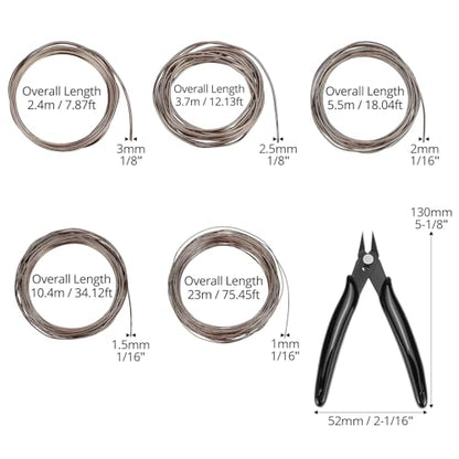 QWORK Anodized Aluminum Bonsai Training Wire with Cutter, 5 Sizes, Total 147 Feet (1.0mm, 1.5mm, 2.0mm, 2.5mm, 3.0mm), for Bonzai Trees Indoor