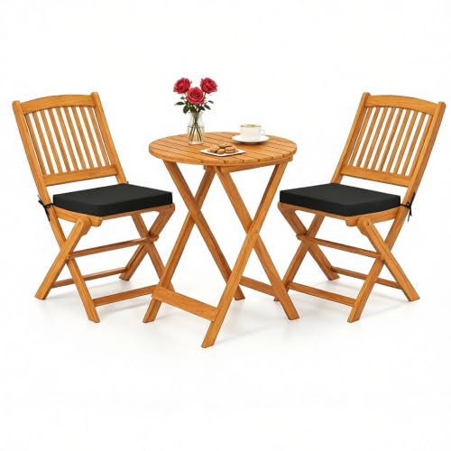 ORALNER 3-Piece Acacia Wood Folding Patio Bistro Set (Black) - color: Black