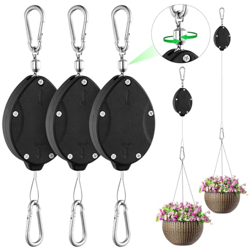 3 Pack Heavy Duty Plant Pulley, Retractable Plant Hanger with Steel Rope | 63" Stainless Steel Rope, Quick Lock Retractable Design, Adjustable Hook for Hanging Plants, Bird Feeders & Grow Lights