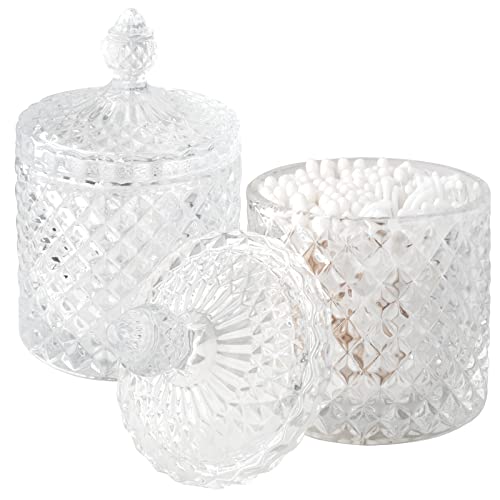 2 Pack Qtip Holder Thick Glass Apothecary Jars with Lid for Bathroom Decor Storage Organizer for Cotton Swabs, Balls, Pads, Floss Picks, Candy, Jewelry, Clear - color: Clear, size: 10 oz (2 pack)