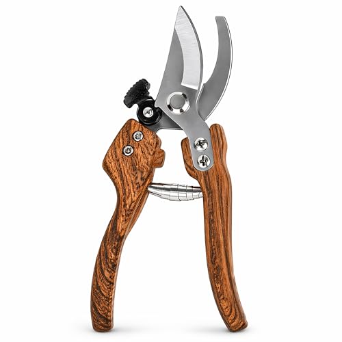 Pruning Shears, 5/8-Inch Cut Capacity Garden Clippers, Spring-Assisted Hand Pruners with Sharp Steel Blade, Ergonomic Wood-Grain Finish Handle for Roses, Shrubs, Stems, Herbs and Garden Harvesting