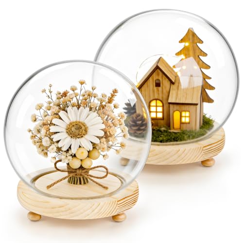 Pumtus 2 Pack Clear Glass Dome Cloche, 6 Inch Decorative Display Bell Jar with Wooden Base, DIY Snow Case Memory Showcase for Flower Tabletop Centerpiece Home Christmas Party Decoration