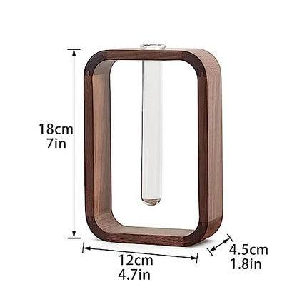 Transprent Glass Vase Test Tube Vase Hydrophilic Plants Vase Plant Holder Walnut Wooden Frame Flower Stand Table Garden Bonsai Decor,Gifts for Women, Home Office Decor Planter (Small) - size: Small