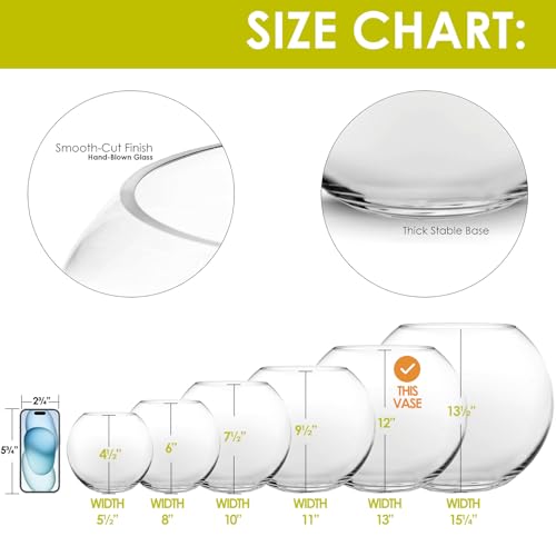 CYS EXCEL Large Glass Bubble Bowl (H-12 W-13, Approx. 5.3 Gal.) Round Bowl Terrarium Globe Flower Vase Centerpiece for Weddings Events Arrangements - size: H-12" W-13"