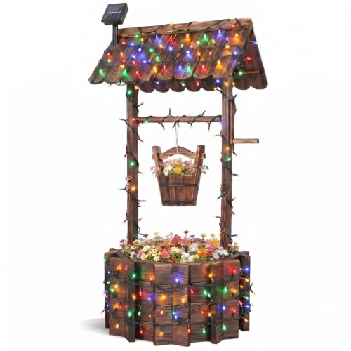 Wooden Wishing Well Planter With Light,4 Reinforced Rods,Dual Tier Planting | 8 Custom Lighting Modes, Adjustable Hanging Bucket, Multi-Yard Decor, Seasonal Plant Friendly, Easy Installation - color: 8-mode Led Lights