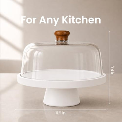 Acacia Wood Cake Stand with Lid Anti-Mold 12 Inch - 2-in-1 Wooden Charcuterie Board - Covered Dessert Plate with Acrylic Dome - Vintage Pastry Display - Tall Domed Serving Stand Platter - size: White – Fixed Base