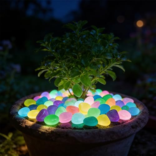 200 Colorful Glow in The Dark Garden Stones | Outdoor Luminous Stones for Outdoor Decor, Walkway, Pathway, Yard, Lawn, Planters, Night Guide & Landscape Decoration