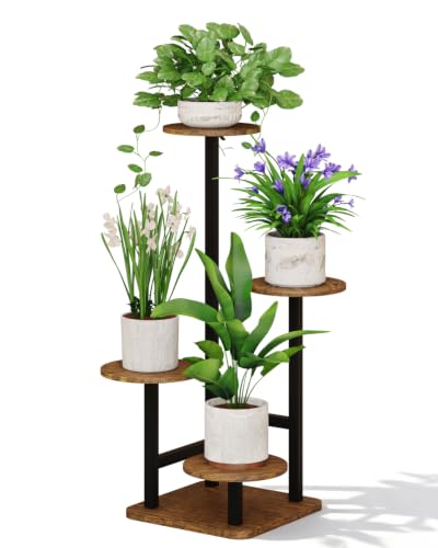 Plant Stand Indoor - 4 Tiered Indoor Plant Stand, Metal Plant Shelf Plant Holder, Ideal for Living Room, Garden, Patio, Balcony (Black Brown)