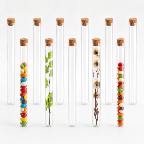 15Pcs Clear Plastic Test Tubes for Plants with Cork Stoppers, 15x150mm 15ml Transparent Storage Vials for Beads, Seeds, Spices, Bath Salt, Candy, Party Favors, DIY Crafts and Classroom Experiments
