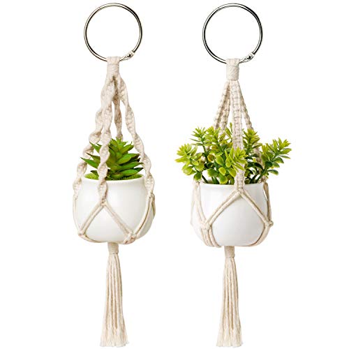 Dahey 2 Pack Mini Macrame Succulent Plant Hangers for Car Rearview Mirror | Hanging Car Mirror Charms, 8.5 Inch Pot, Boho Cotton Rope, Cute Plant Car Accessories, Small Artificial Decor, Gift for Women