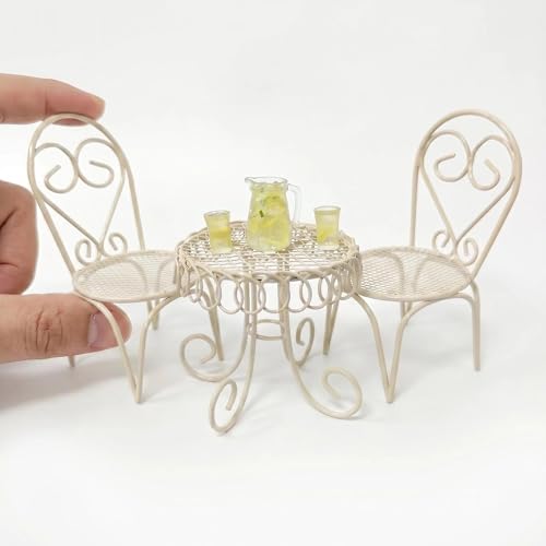 6 PCS Dollhouse Miniature Bistro Table & Chairs Set with Lemonade Pitcher and Cups Metal Furniture Fairy Garden Kitchen Decoration Accessories - color: Beige