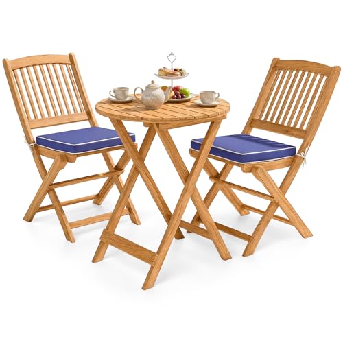 GIANTEX 3 Pieces Acacia Wood Bistro Set, Outdoor Folding Table & Chairs - color: Natural & Blue