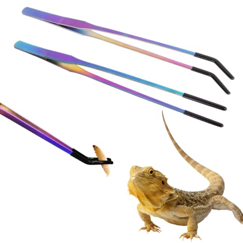 ZUFECY 2-Pack Stainless Steel Reptile Feeding Tongs, 10.63 Inch Straight and Curved Tweezers with Rubber Tips for Bearded Dragons, Aquariums, and Terrariums