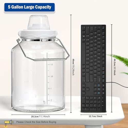 5 Gallon Glass Storage Jar with Airtight Lid, Stainless Steel Handles | 6.4" Wide Mouth, Quart & Liter Marks, Measuring Cup Included, Large Storage Container for Rice, Dog Food & Treats, Dry Food
