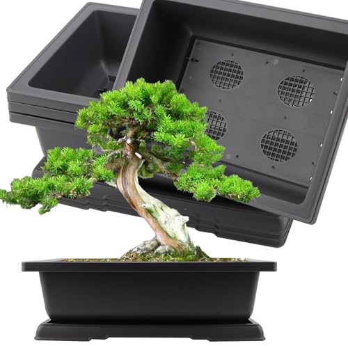 KINJOEK 3 PCS 14 Inch Plastic Bonsai Pots, Large Bonsai Training Pot with Drainage Trays, Rectangular Plant Bonsai Tree Pots for Garden, Indoor, Home Decorative - size: 14 Inch