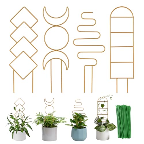 Wellsign 16inch Indoor Plant Trellis for Potted Plants | 4Pack Gold Small Trellis for Climbing Plants Outdoor Garden Metal Trellis with Different Patterns for Vine Ivy Flower Plant - size: Gold-Metal-Trellis01