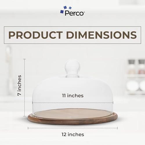 Perco 11" Wood Cake Stand with Glass Dome Lid – Rustic Cake Plate with Cover for Dessert Display, Birthday, Wedding, Kitchen Party, Baking Gift, Charcuterie or Cheese Board Use