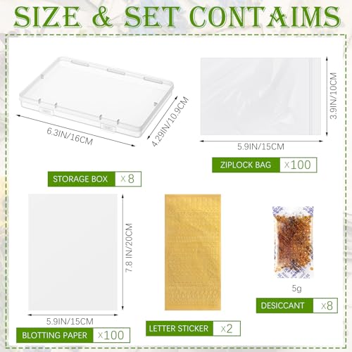AmazingSpark 218 Pcs 8 Set Dried Flower Storage Kit with 8 Storage Boxes, 100 Blotting Paper, 100 Self Adhesive Bag, 2 Letter Sticker 8 Desiccant Pressing Flower Preservation to Keep Color and Dry